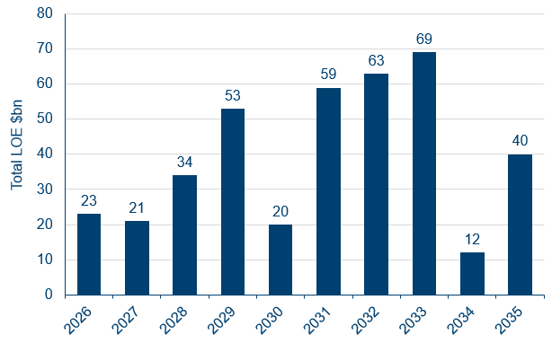 Total large-cap patent expiry exposure by year, 2026-2035
